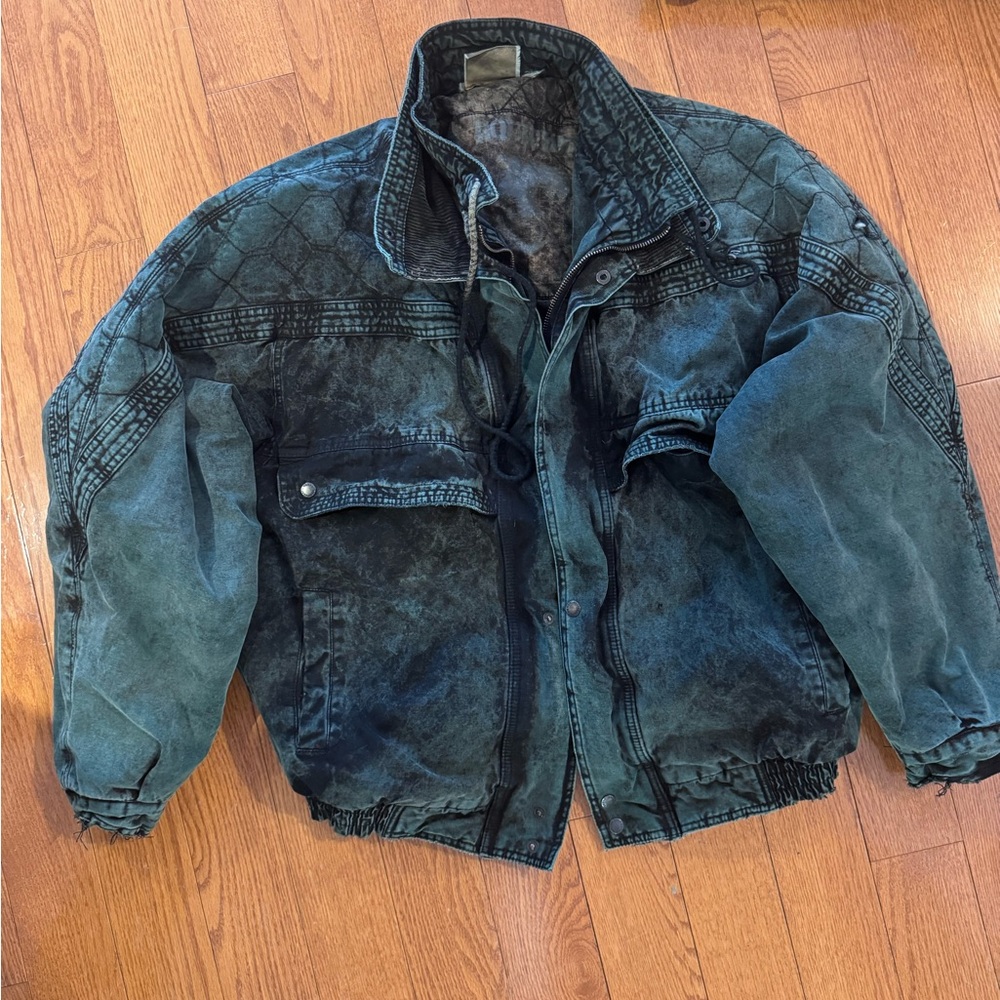 Vintage 90s Acid Wash Green Bomber Jacket Quilted Lined Oversized Grunge Utility